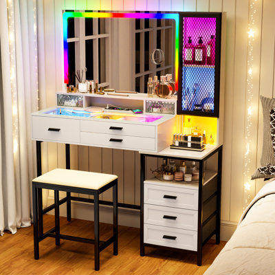 Makeup Vanity with Colorful Lights, Charging Station, Multi-Layer Drawers, Storage Shelves and Comfortable Stool