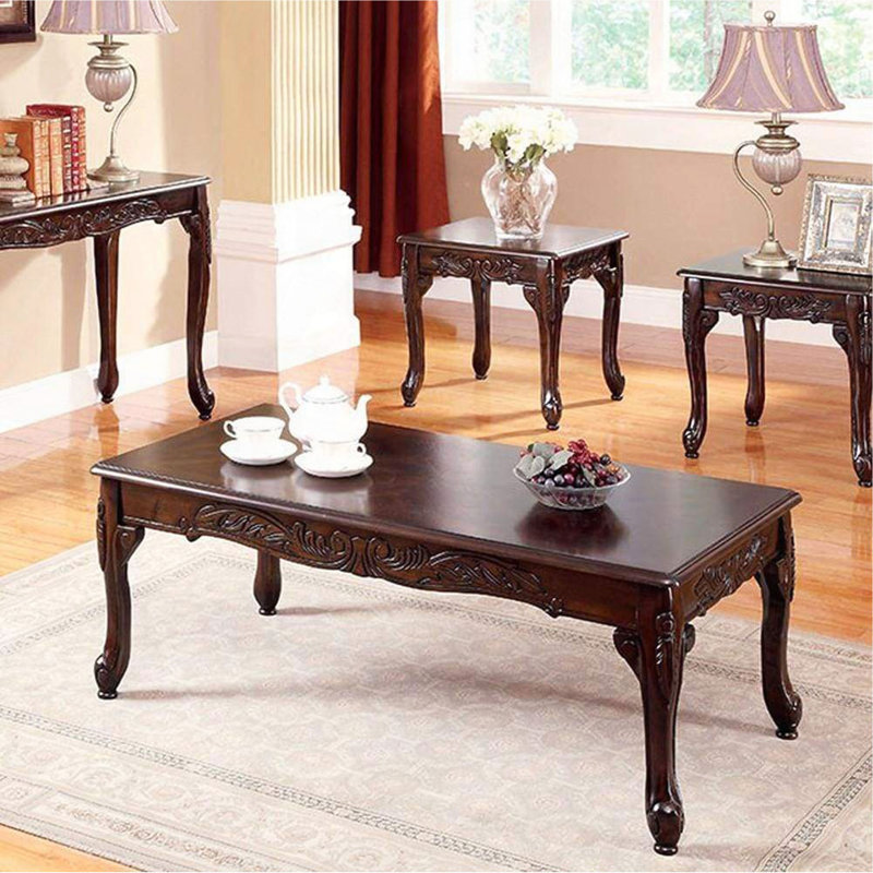 Table basse 3 pièces avec pieds en cabriole de style cerisier foncé de style traditionnel et table basse 1X