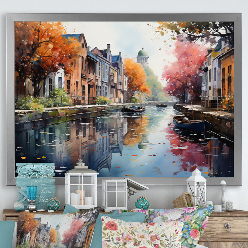Pointillisme du canal rose vibrant - impression, H 34 po x l 44 po x P 1,5 po, Cadre photo argenté