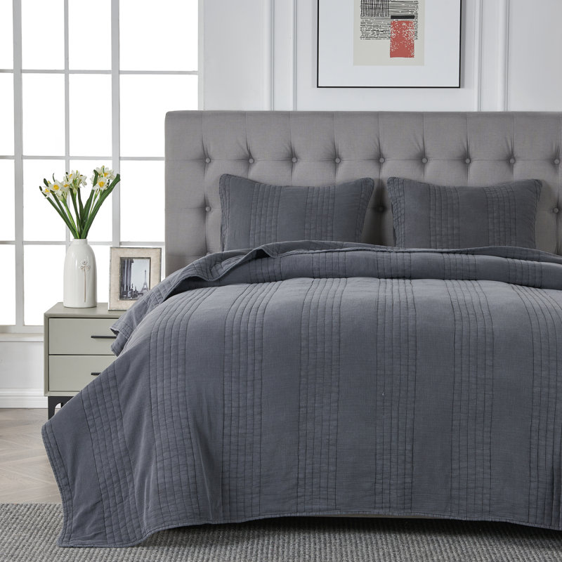 Kosovo Grimshaw 100% Cotton Quilt Set, Queen Quilt + 2 Standard Shams, Charcoal