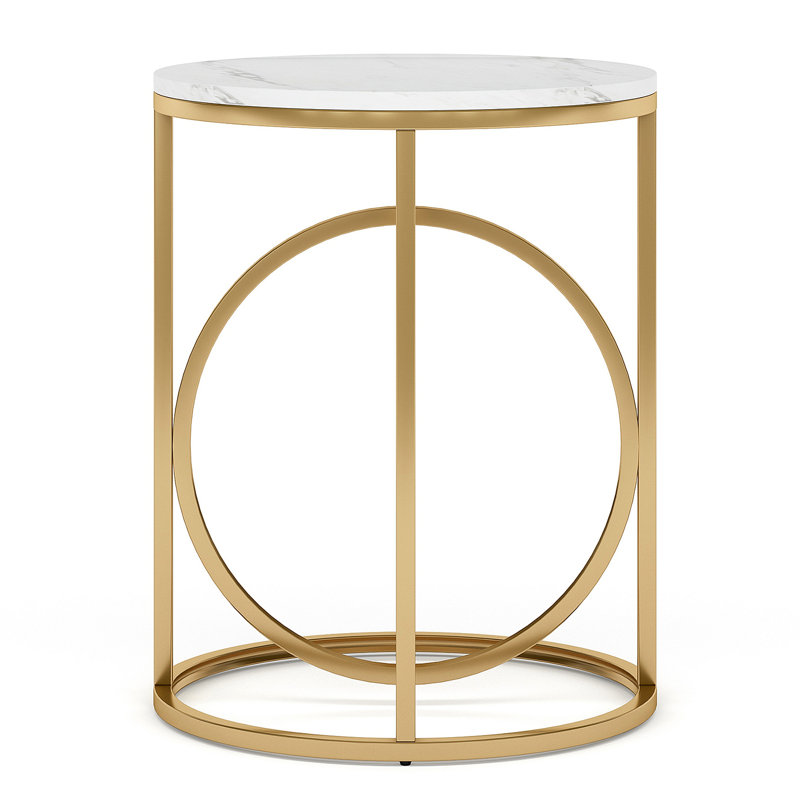 Table de bout ronde de 20 po pour le salon, table d'appoint en marbre moderne avec structure en métal doré, table d'appoint blanche et dorée, table de chevet étroite de 26 po de hauteur pour la chambre à coucher