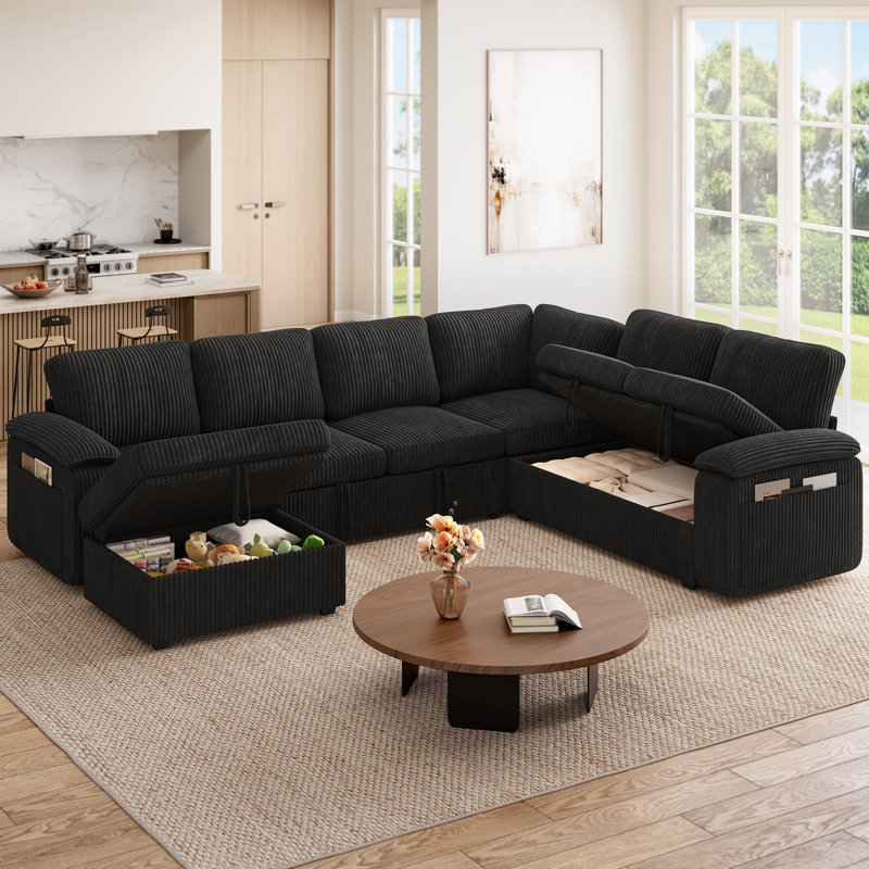 U Shape Sectional Sofa with Pull Out Bed, Sleeper Sectional Couch with Storage, Black, Black Corduroy
