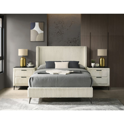 Mavela Wide Wale Corduroy Upholstery Panel Queen Bed with 2 Nightstands by Red Barrel Studio