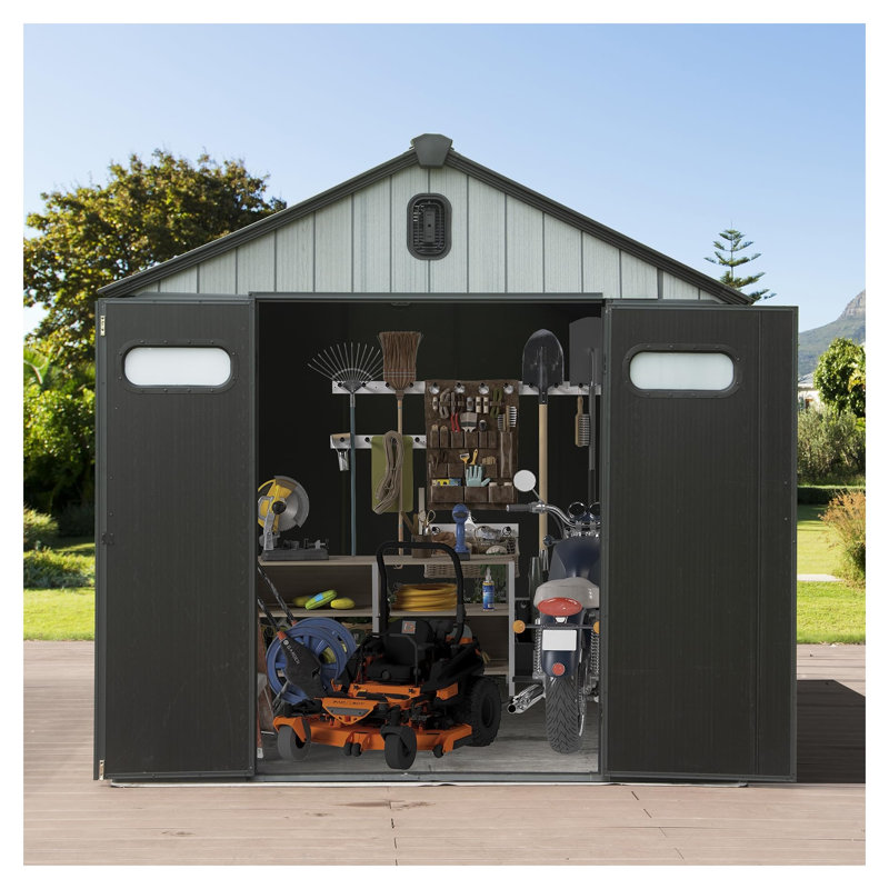 8x6 FT Resin Outdoor Storage Shed with Lockable Doors, Waterproof Heavy-Duty Plastic Garden Tool Shed for Patio Furniture & Lawn Mower