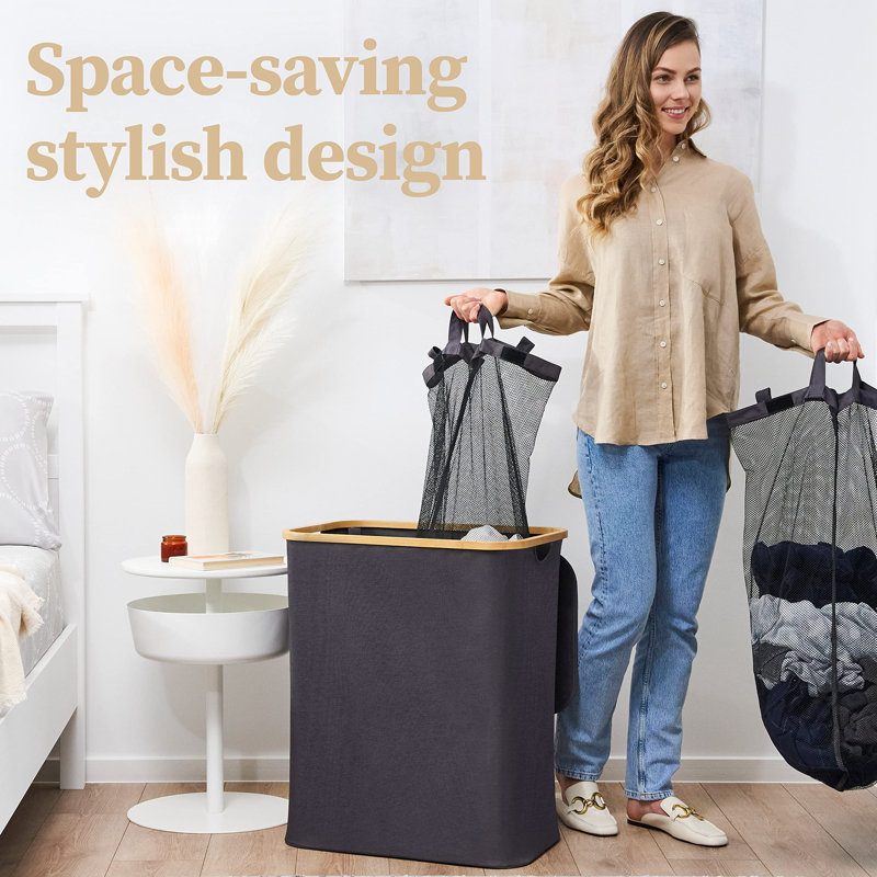 Laundry Hamper with Handles, Black Grey, 67cm H x 57cm W x 38cm D