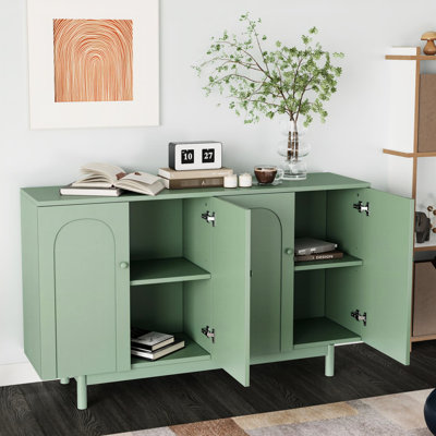 Élégante armoire en taille-douce à 4 portes avec pieds en pin, poignées en bois massif, menthe pour organiser le rangement des articles ménagers