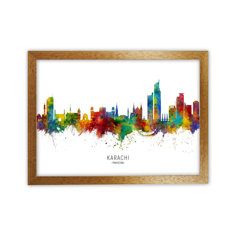 Karachi Pakistan Skyline by Michael Tompsett - Print, Brown Framed, 64cm H x 88cm W x 3cm D