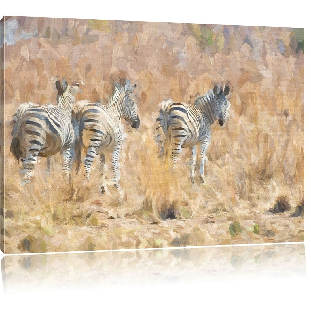 Leinwandbild Zebraherde im Wildgras in Beige/Grau