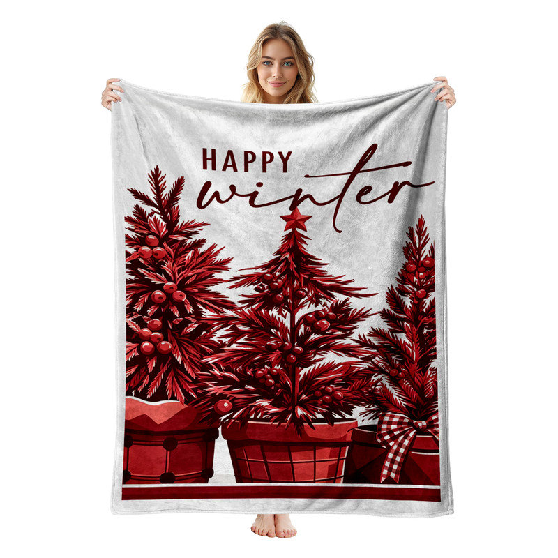 Plaid de Noël en flanelle polaire JYK, léger, respirant, doux, chaud et confortable en microfibre pelucheuse, 76 x 102 cm, motif sapins d'hiver en pot