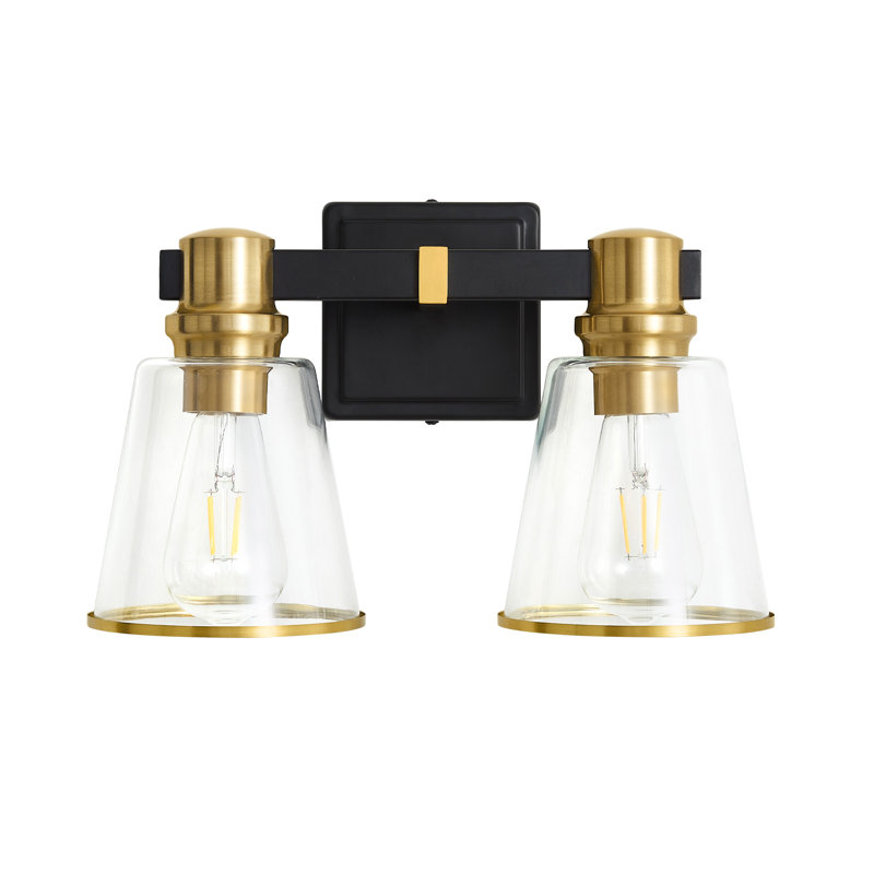 Luminaire de meuble-lavabo moderne à intensité variable Milasia avec abat-jour en verre transparent conique, Noir mat / Or, 2