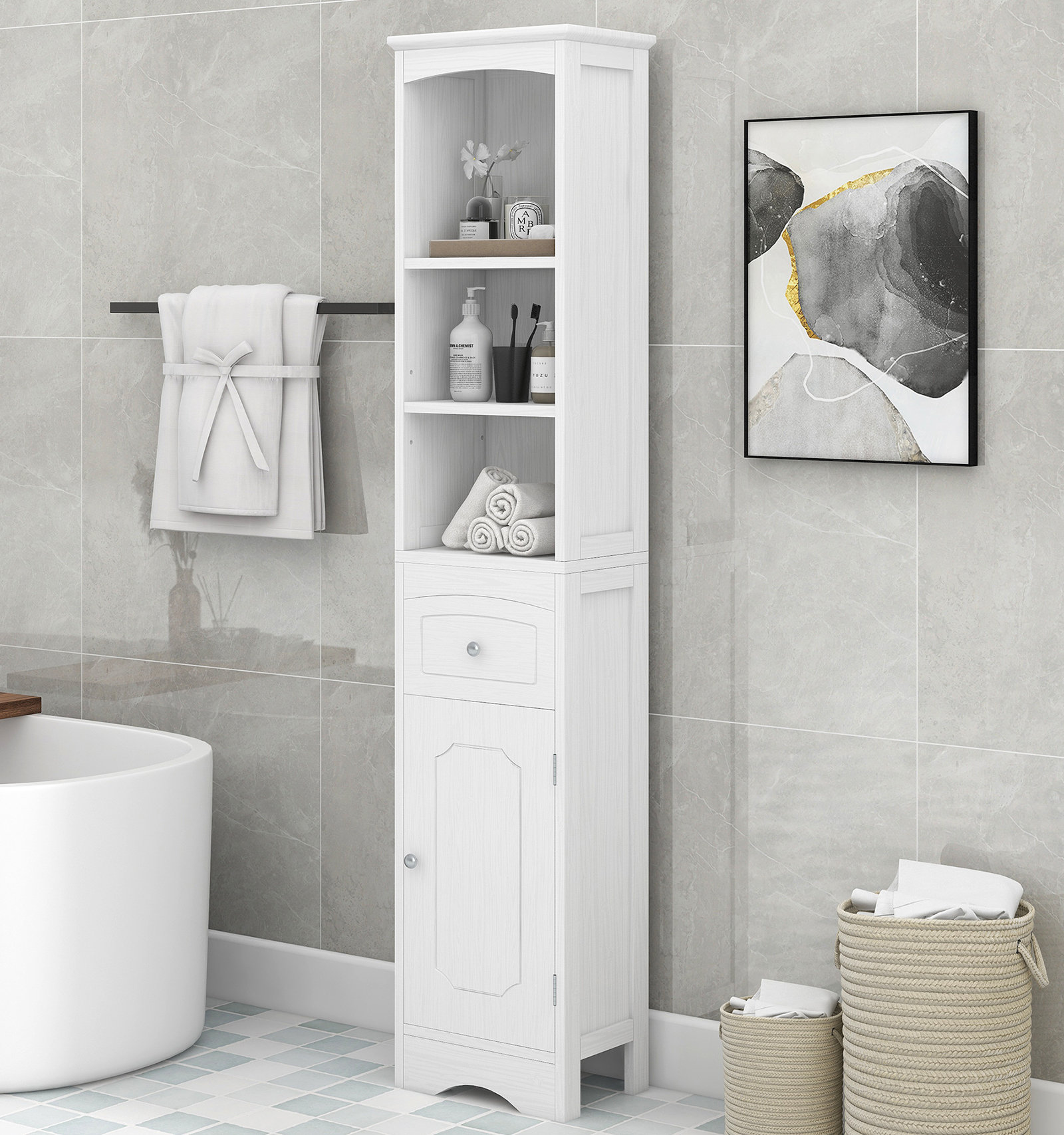 Bathroom Freestanding Storage Cabinet with Two Tier Open Shelves, with Door and Drawer Free Standing Linen Tower (White) Winston Porter Finish: White