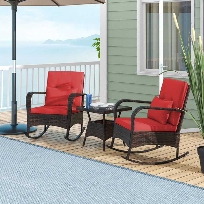 Ensemble de chaises berçantes d'extérieur en rotin 3 pièces avec table basse en verre trempé, Rouge