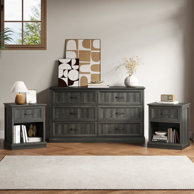 3 Pieces Bedroom Set, 6 Drawer Dresser And Drawer Nightstands