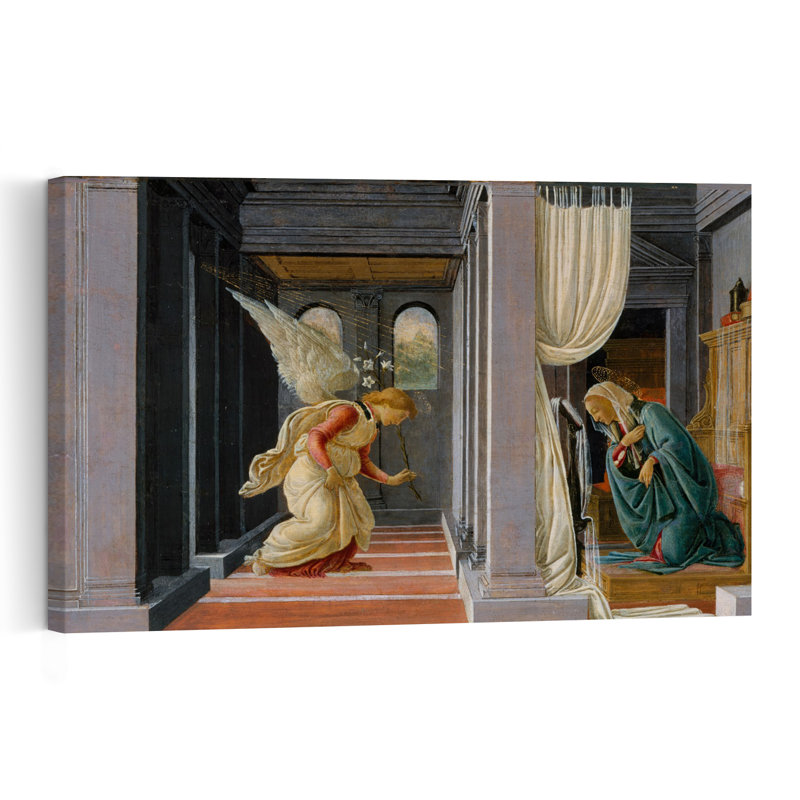L'Annonciation, vers 1485. Estampe d'art mural abstraite d'architecture contemporaine., H 32 po x l 48 po