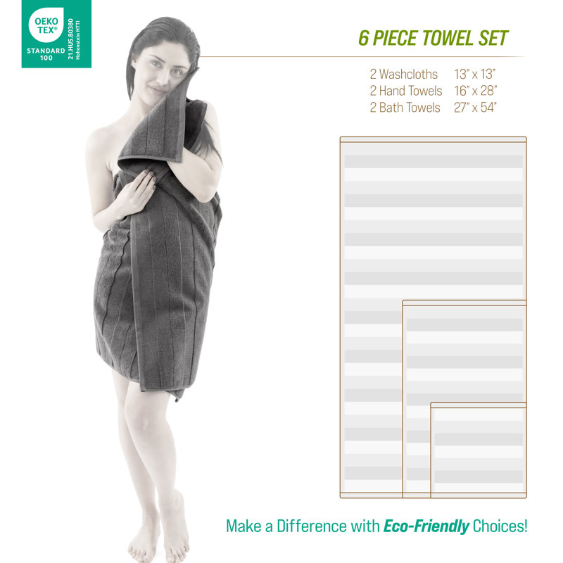 Luxury Extra Soft 100% Cotton 6 Piece Bath Towel Set, Gray