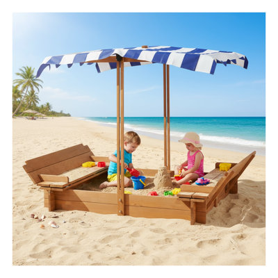 Kids Wooden Sandbox with Adjustable Cover and 2 Foldable Bench Seats, 46'' Outdoor Sandpit for Backyard Play, Weather-Resistant Cedar Wood Construction