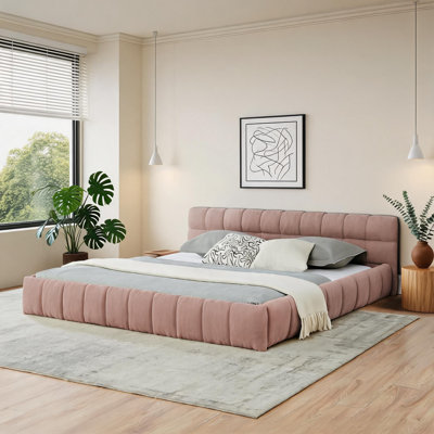Bedroom Use Platform Bed Warm Pink Chenille Upholstered California King Solid Frame No Box Spring Needed