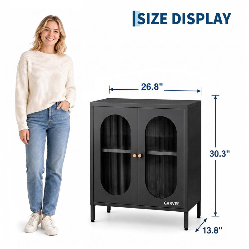 Buffet de rangement translucide à devant en verre avec tablette réglable - Armoire décorative en métal pour le salon, le vestibule et la cuisine
