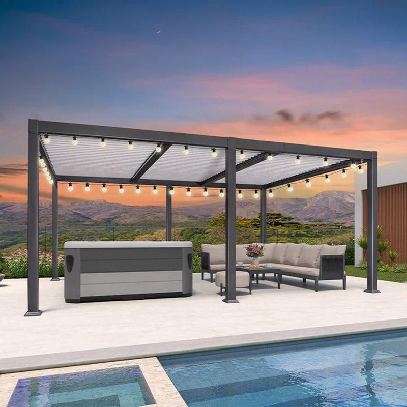 Purple Leaf Adjustable Louvered Pergola with String Lights White Sun Shade Roof Patio Pergola for Deck Backyard Garden
