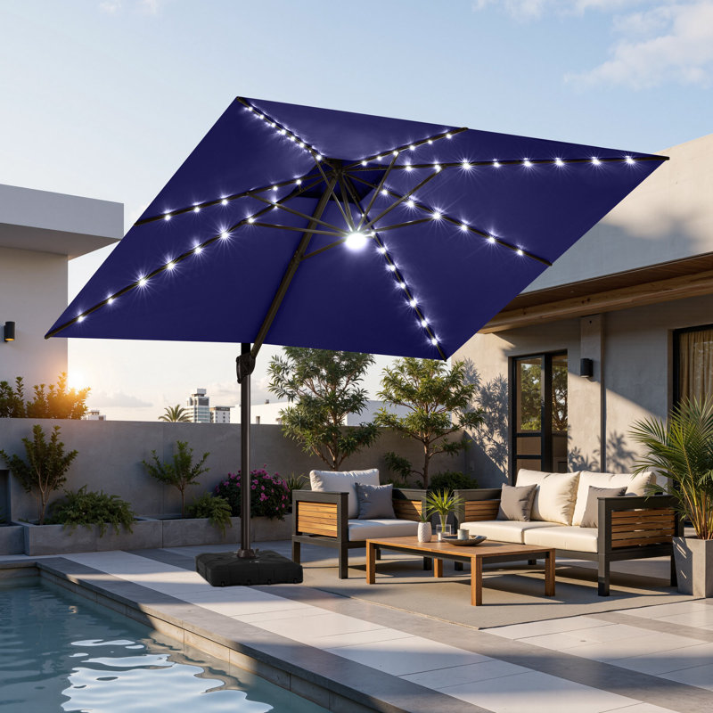  11' X 11' Solar LED Lights Cantilever Patio Umbrella with Counterweights Base, Navy Blue