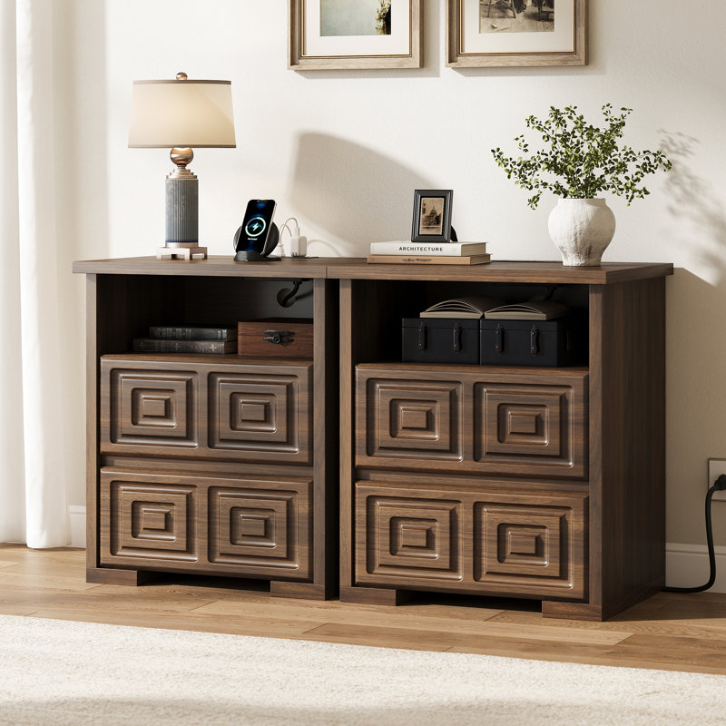 Modern Nightstand With Charging Station, 2 Drawer Bedside Table With USB & AC Outlets, Walnut Wood End Table With Open Shelf, Handleless Bedroom Night Stand