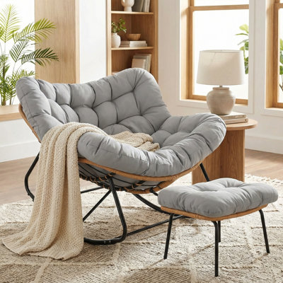 Papasan Rocking Chair With Ottoman, Oversized Padded Lounge Rocker With Cushion, Comfy Wicker Egg Lounge Chair, Large Indoor Rocking Recliner For Living Room/Porch/Garden, Gray