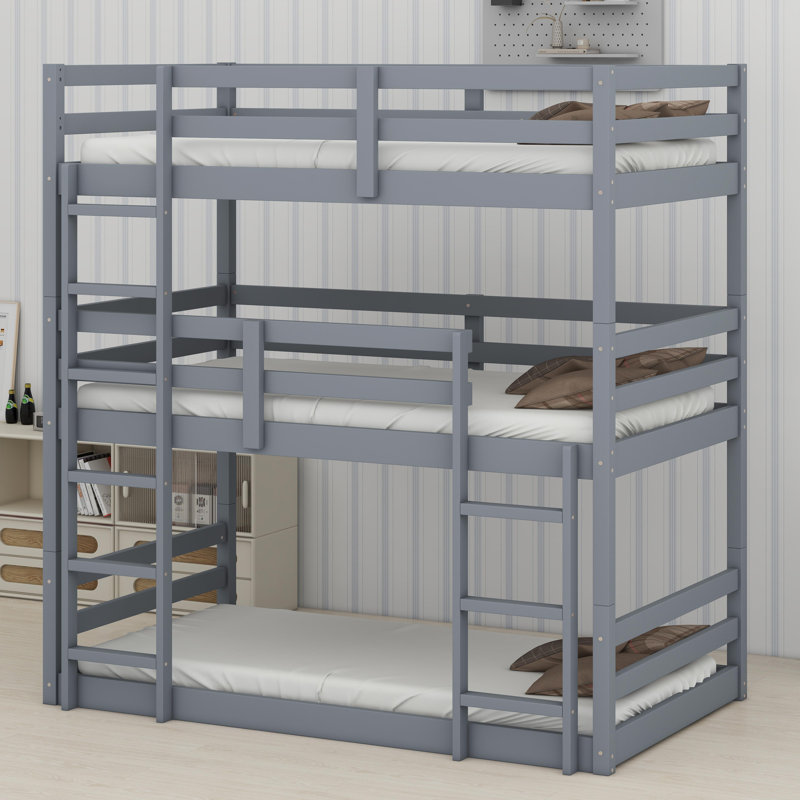 Lit superposé triple modulaire avec rails sécurisés, échelles fixes et option de séparation flexible, Gris