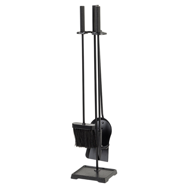 Modern Black Steel Fireplace Tool Set with Brush, Shovel, and Poker