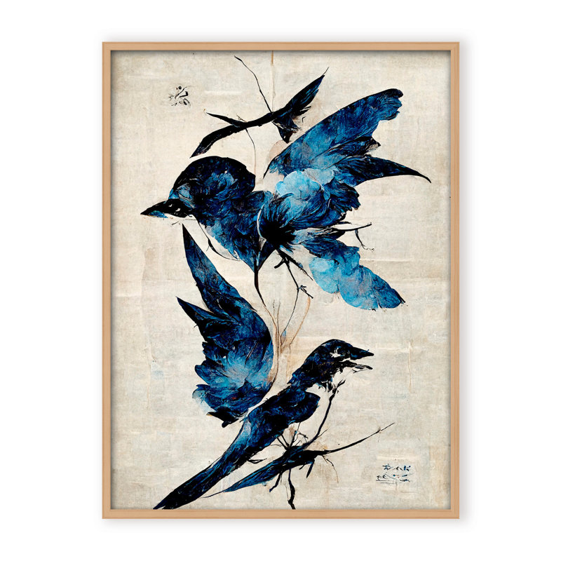 Nature Inspired Blue Birds, 30" H x 24" W x 1.125" D, Framed Matted Print, White