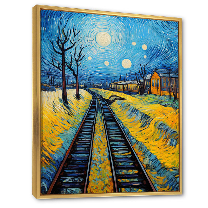 Rails de train herbe jaune - impression, H 40 po x l 30 po x P 1,5 po, Cadre flottant doré