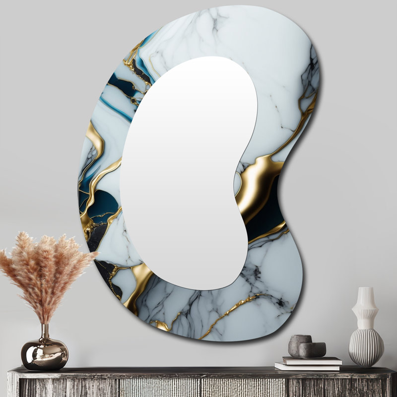 Gebert Abstract Geode Gold And White Marble II - Marble Asymmetrical Mirror, White Unique Shape Unique Wall Mirror, Printed Metal Art
