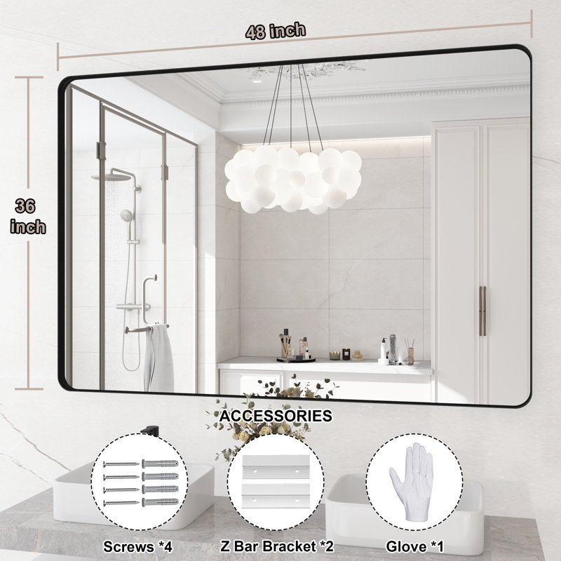 Lesamuel Filleted Corner Wall Mounted Bathroom and Vanity Mirror with Aluminum Frame, 36" x 48", Black, Rectangle