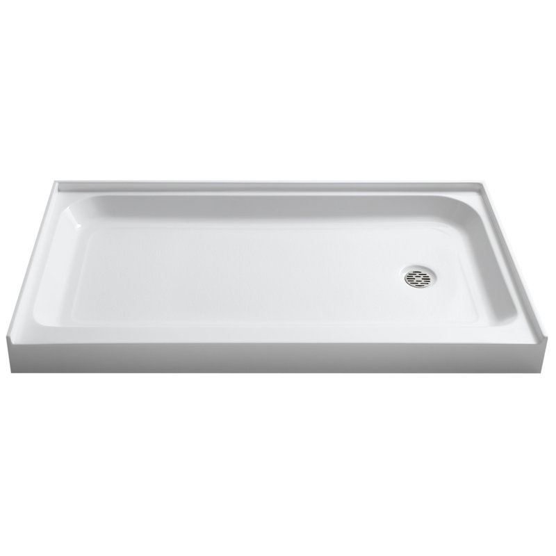 White Acrylic and Fiberglass Rectangular Shower Base with Right Drain