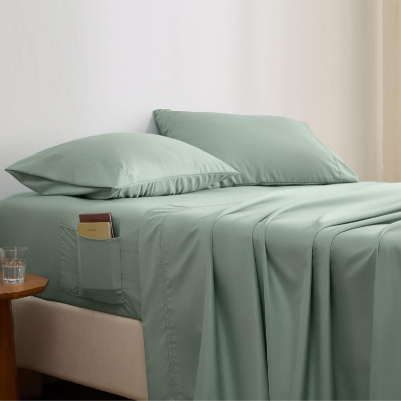 Ensemble de draps avec poche latérale, Ensemble de draps pour lit simple avec un drap-hou, Bleu minéral