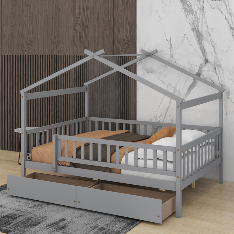 Lit double en bois avec 2 tiroirs, Gris