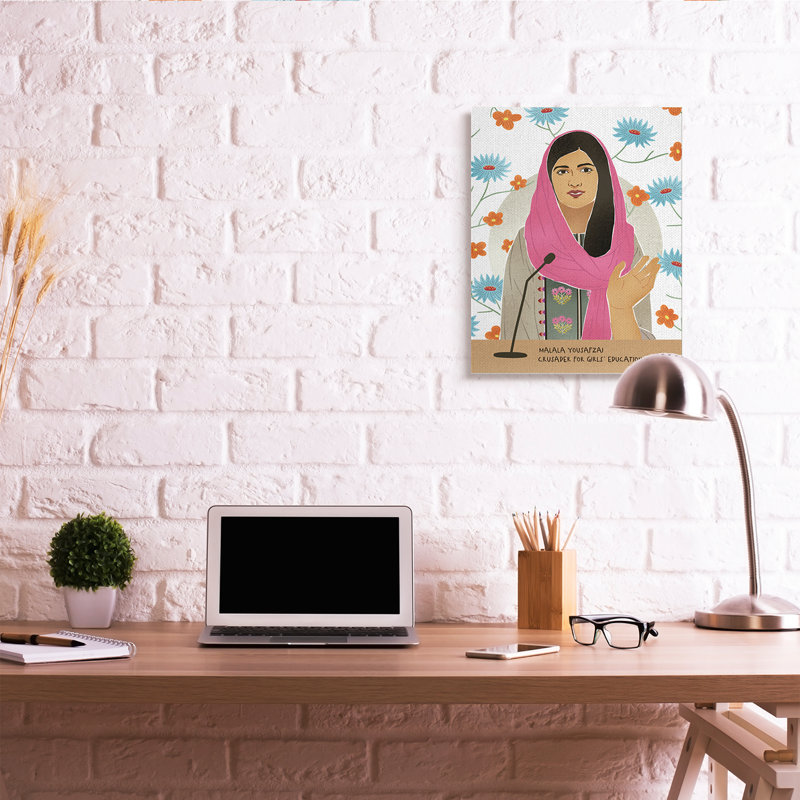 Malala, parole, sur, bleu, orange, fleurs, icône, femme, Toile tendue, H 30 po x l 24 po