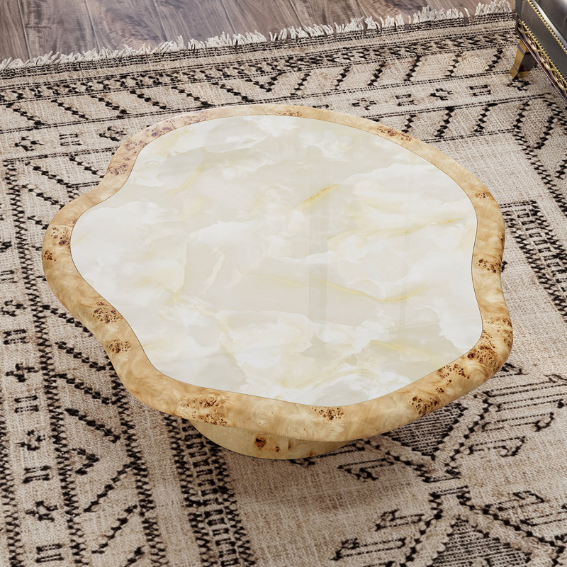 Table basse organique irrégulière de 90 cm (35,4 po), structure en loupe de bois, plateau en pierre Super-Crystal brillante, pied cylindrique rond, table d'appoint moderne pour salon
