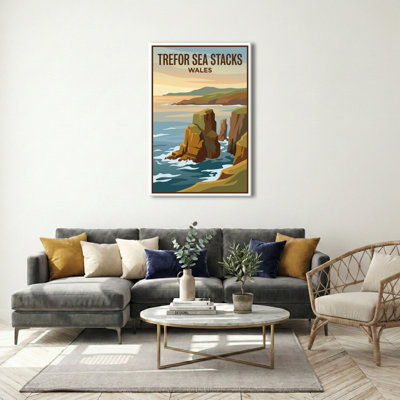 Trefor Sea Stacks, Wales - Romantic Coastal Travel Poster of Rugged Cliffs. Giclee Print on Wrapped Canvas. Wall Art, Home Decor - Natural Landmarks, Wales 1 Piece Wrapped Canvas Wall Art