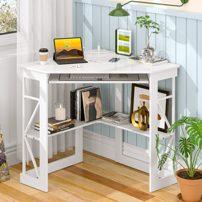 Lambrecht Corner Desk With Outlets & USB Ports, Triangle Computer Desk With Charging Station, Storage Shelf, Space Saving Writing Desk For Small Space