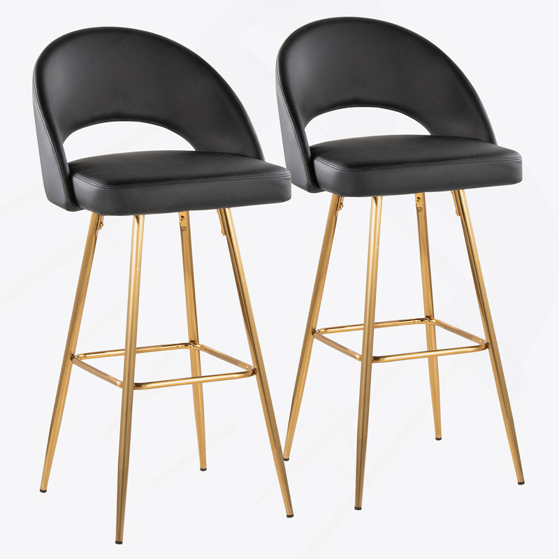 Tabouret de bar à hauteur fixe en métal doré et similicuir noir avec repose-pieds carré - ensemble de 2