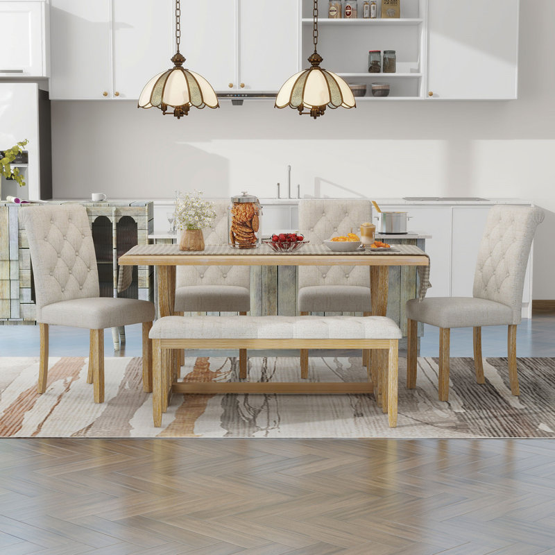 6-Piece Retro Rectangular Dining Table Set, Natural Wood Wash