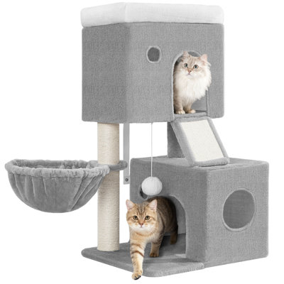 Cat Tree, 82 cm Cat Tower for Indoor Cats, Multi-Level Tree with Two Comfy Condos, a Soft Platform, Basket, Sisal Scratching Post, Scratching Board, Pompoms 