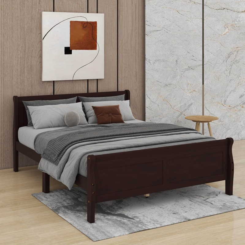Grand lit plateforme en bois avec tête de lit, Espresso, Grand lit