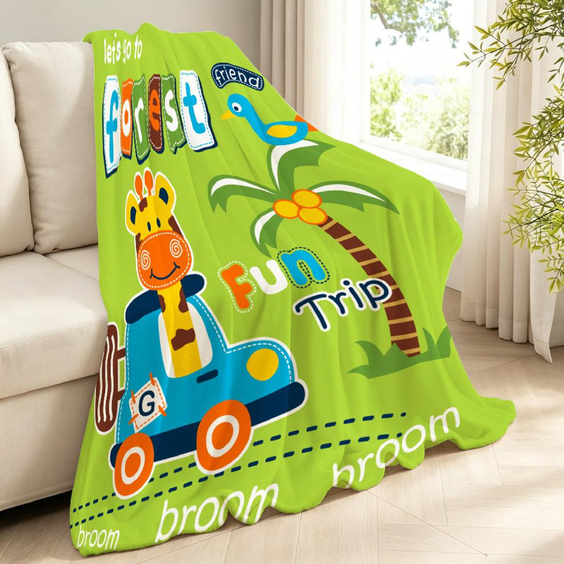 Jeté en flanelle verte ultra douce, imprimé girafe Car Go Forest, Jeté 40 po x 50 po