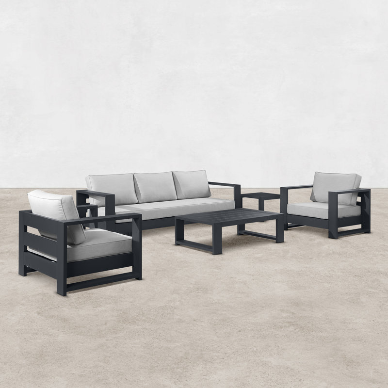 Ensemble de conversation d'extérieur en aluminium avec table de bout Hoyt, 5 pièces: table basse, table de bout, 1 canapé,