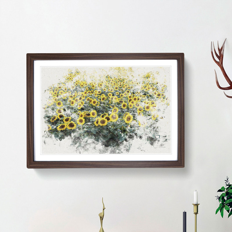 Field of Yellow Sunflowers - Picture Frame Painting Print, 26cm H x 36cm W, Walnut Framed