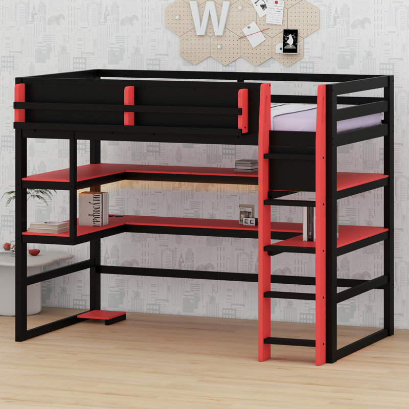 Multifunctional Loft Bed with Integrated Workstation, Side Organization Rack, Extensive Shelving, and Customizable RGB Lighting