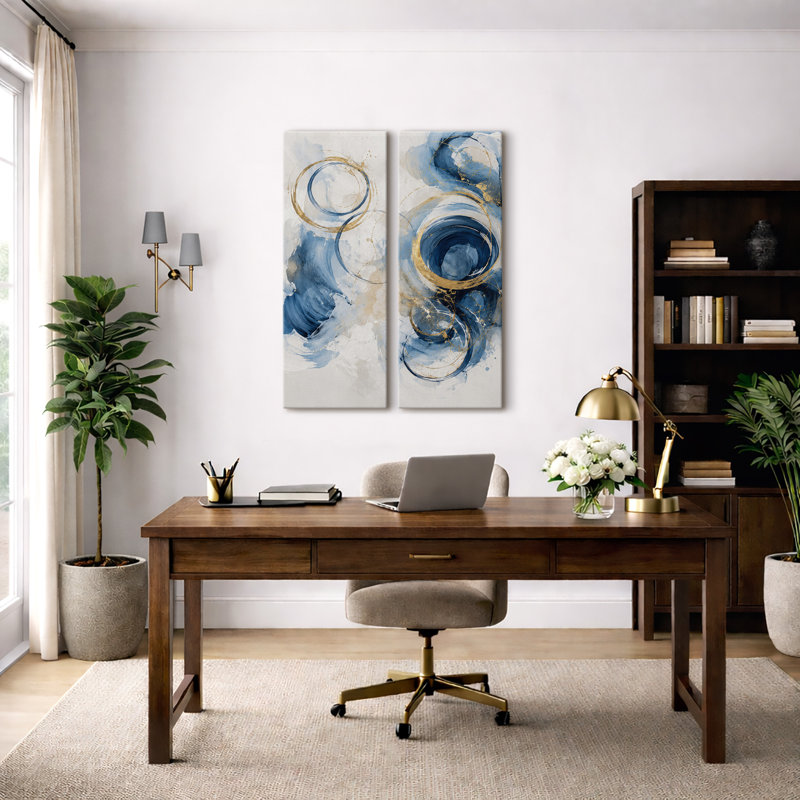 Cercle bleu et or abstrait – Ensemble de 2 impressions sur toile 32 po x 12 po x 2, H 32 po x l 12 po