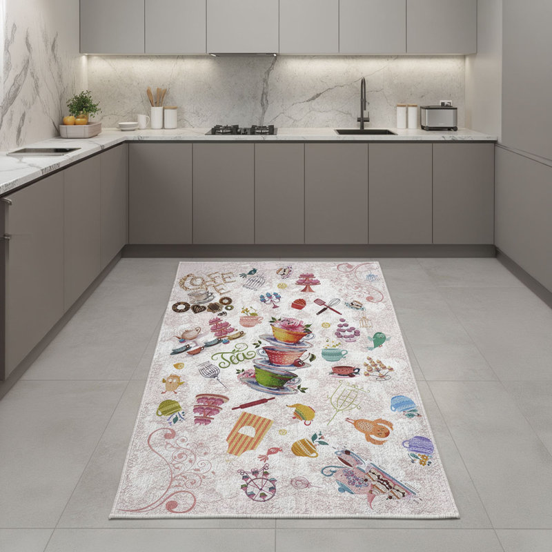 Tapis en polyester tissé à la machine en rose / blanc / orange, Rectangle 1 pi 8 po x 2 pi 7 po