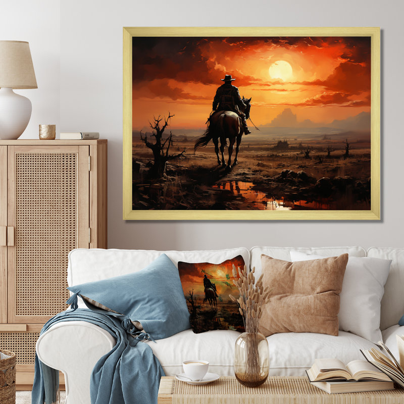 Cowboy Sunrise On The - Cowboys, art mural, H 16 po x l 32 po x P 1 po, Cadre doré à une seule photo